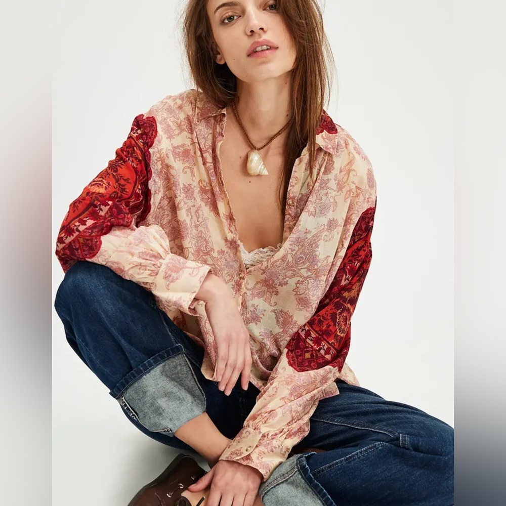 FREE PEOPLE Rose Bud Blouse In Tea Combo MSRP $128 Size M NWT